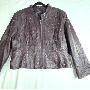 Pamela McCoy Leather Jacket Womens 2X Brown Plum Studded Whipstitch Moto
